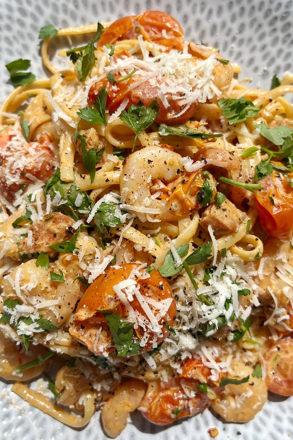 Close up of creamy prawn and chorizo linguine.