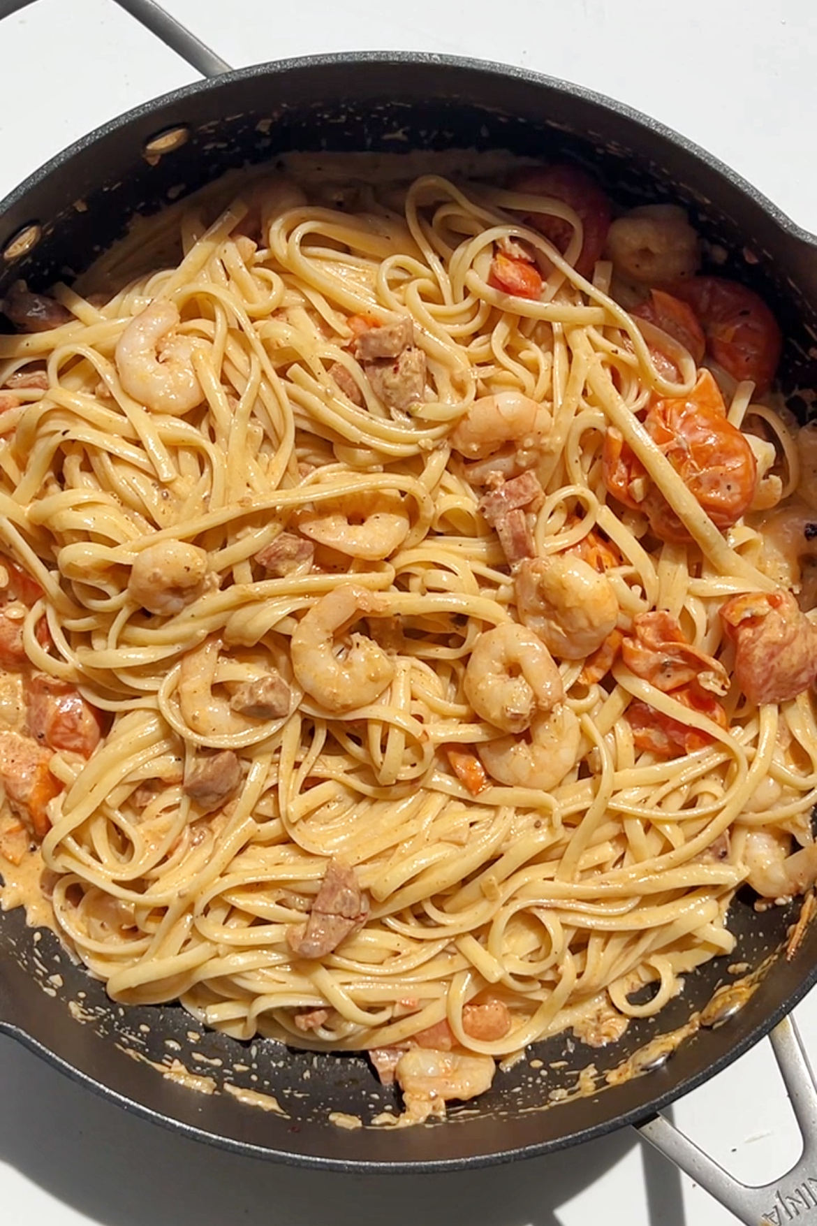 Linguine with chorizo and prawns.