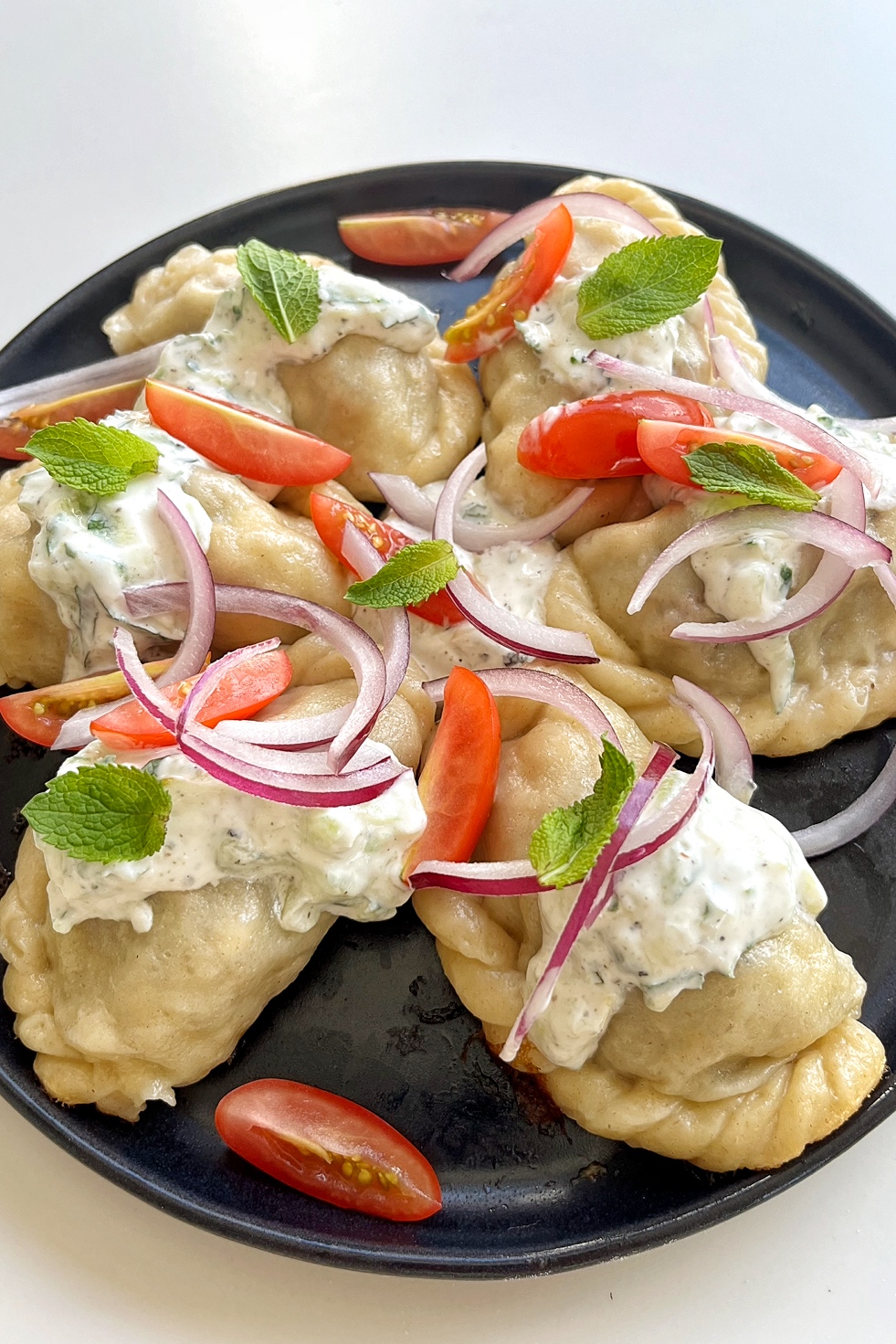 Close up of Gyros inspired dumplings.