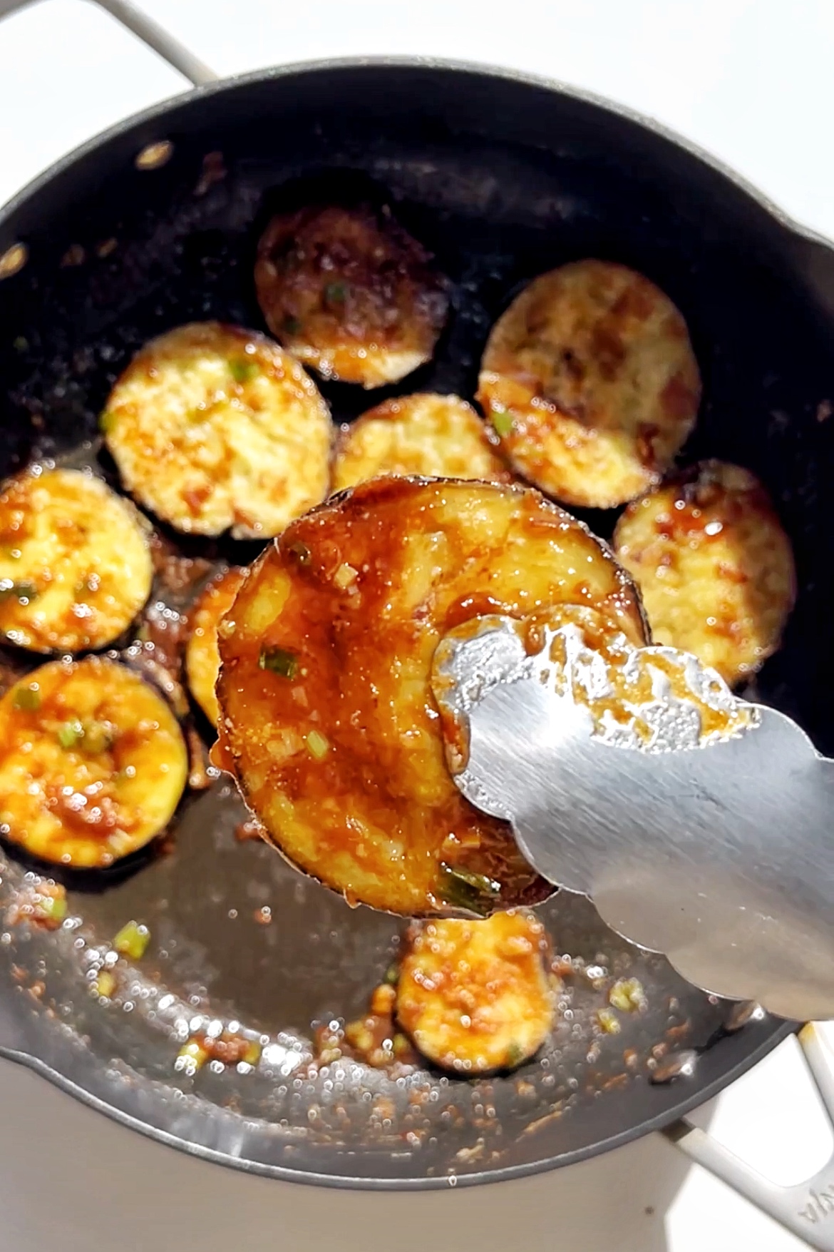 Close up of sticky miso eggplant.