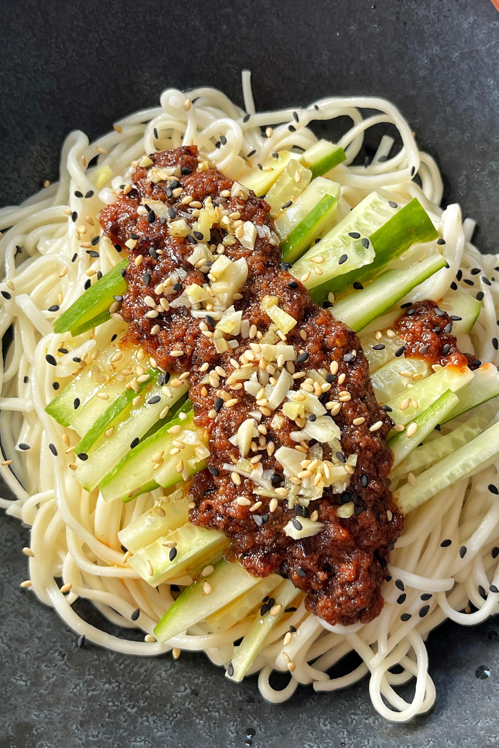 Close up of gochugaru sesame noodles recipe.