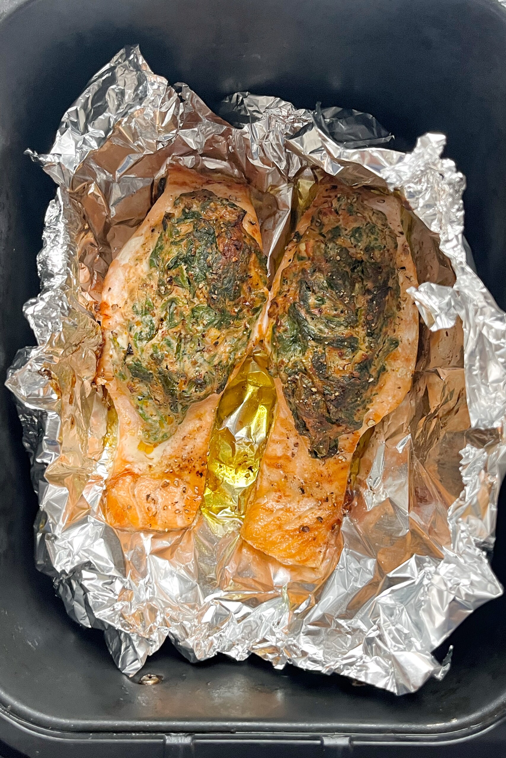 Cooked air fryer stuffed salmon.