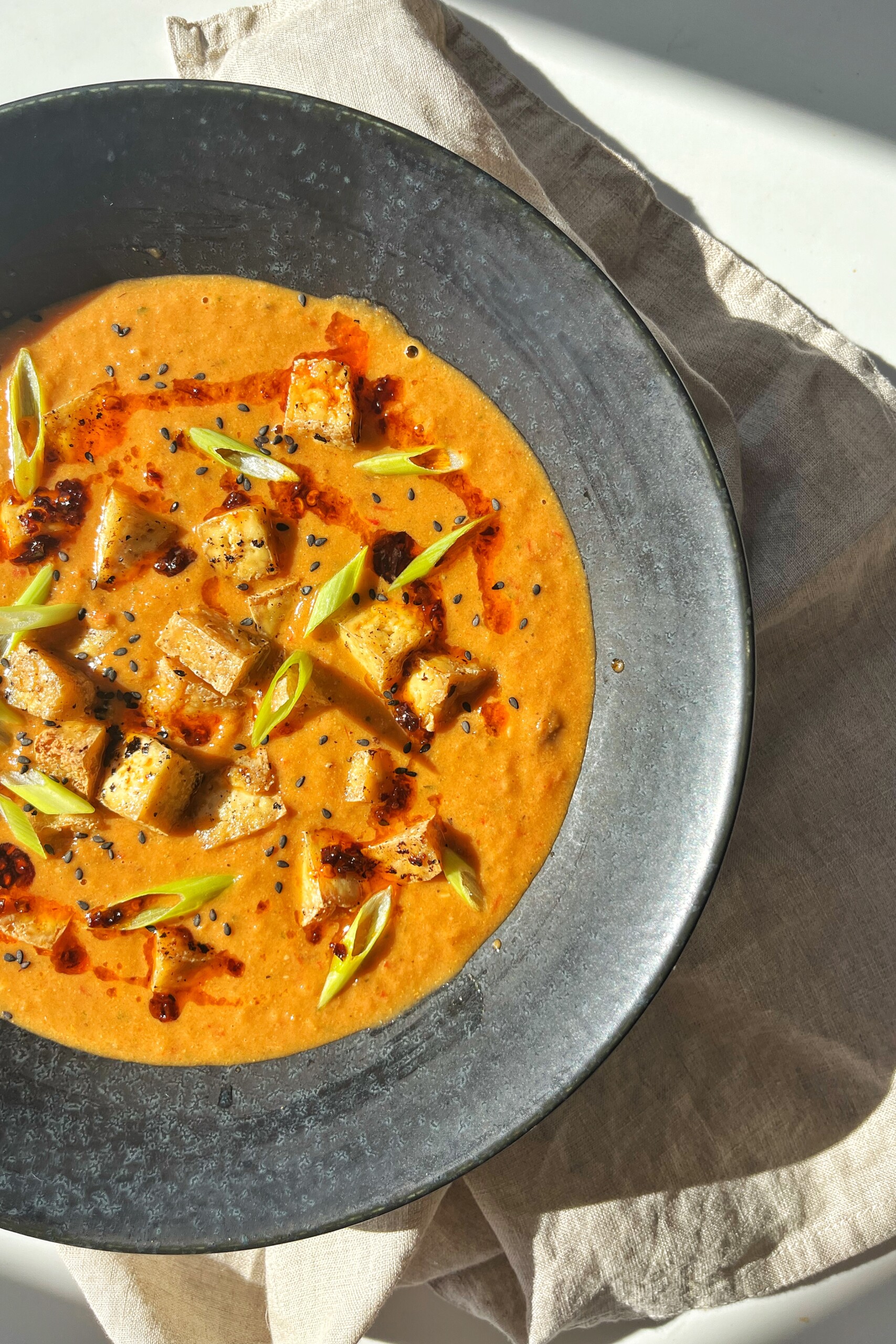 Close up side photo of tofu tomato soup.