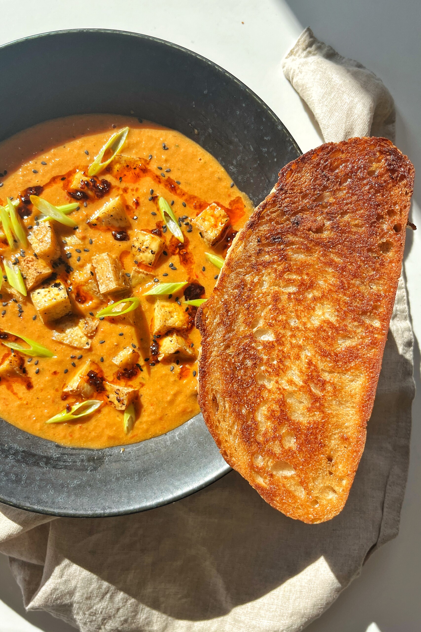 Cheese toastie with tofu tomato soup.