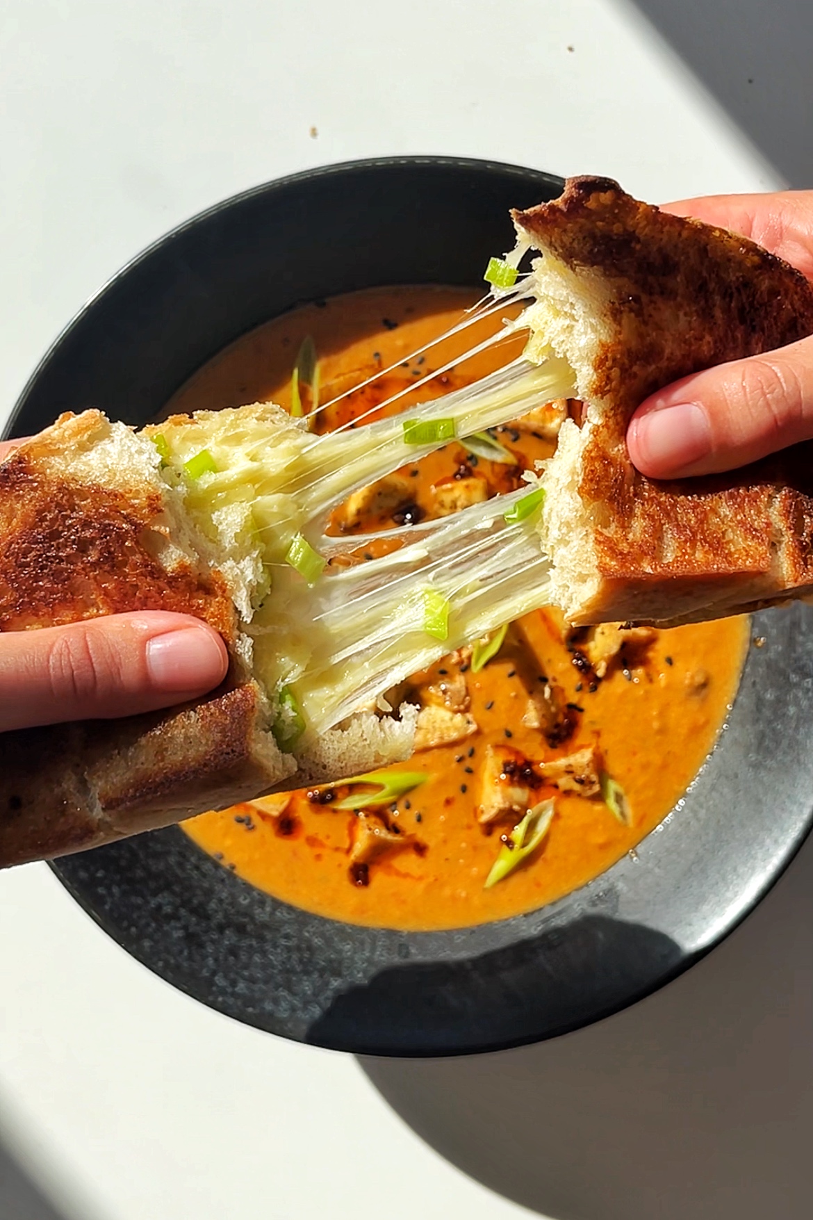 Cheese toastie pull with tomato and tofu soup underneath.