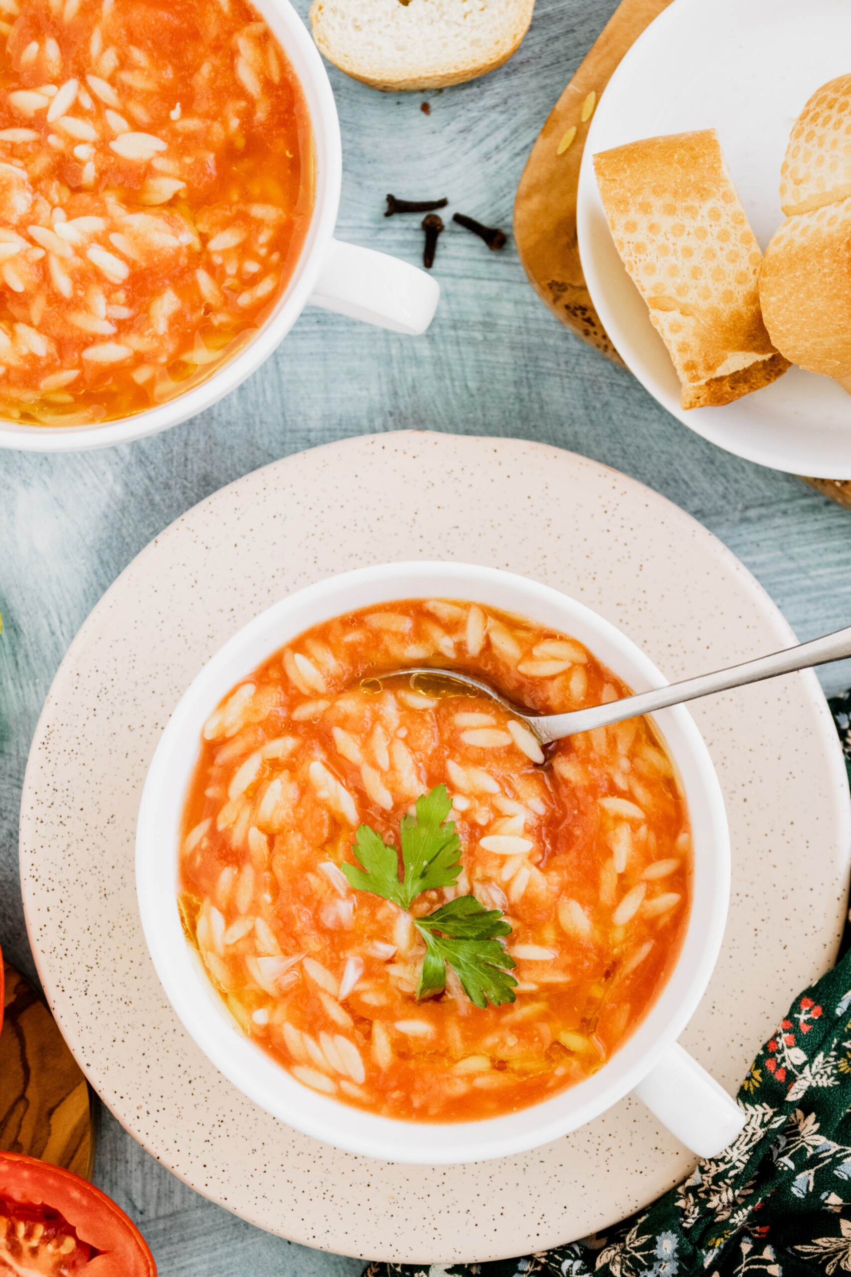 Red orzo soup.