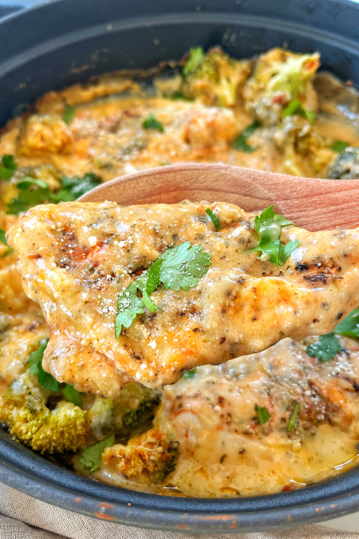 Close up of cream of chicken soup baked chicken.