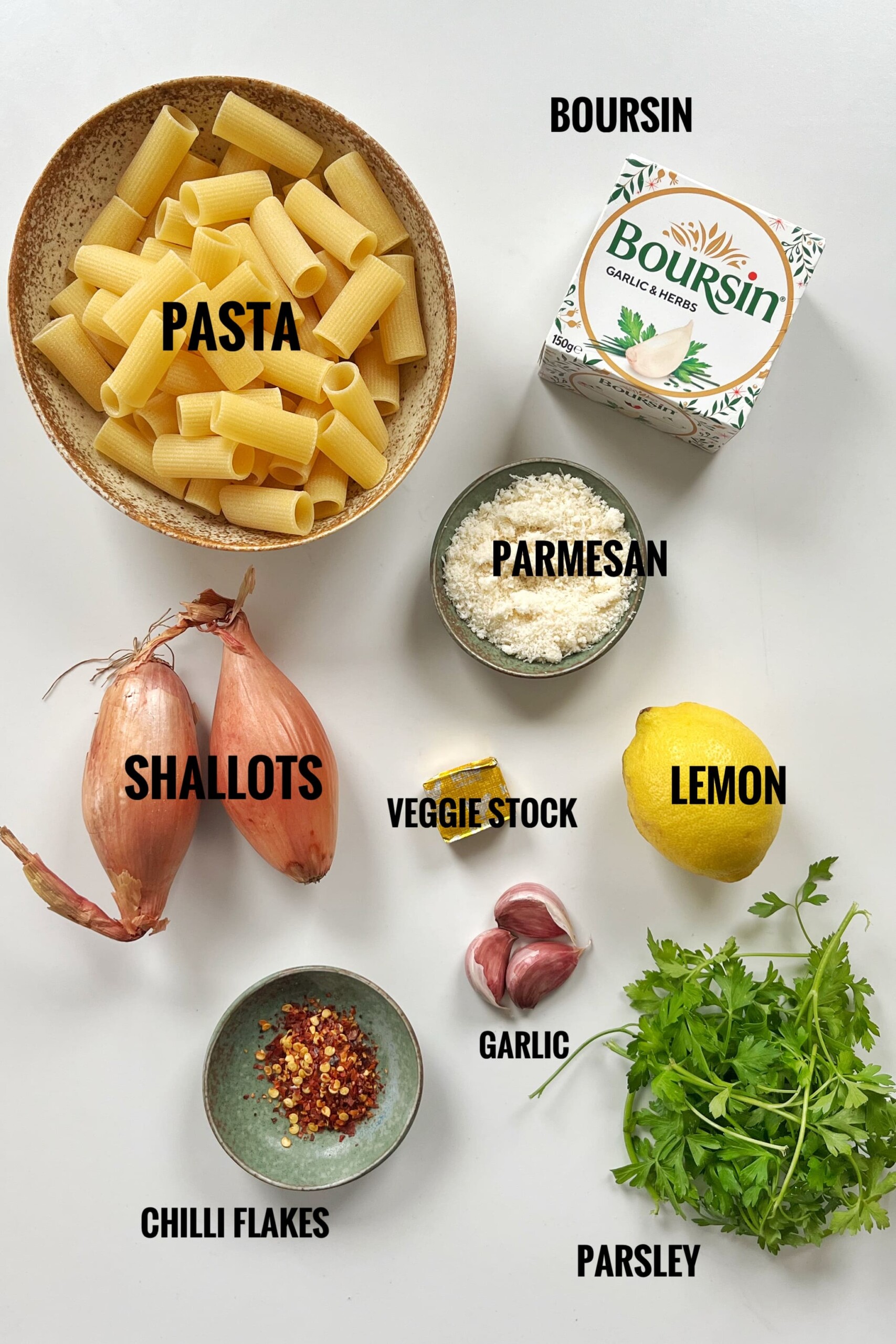 List of ingredients for lemon Boursin pasta.