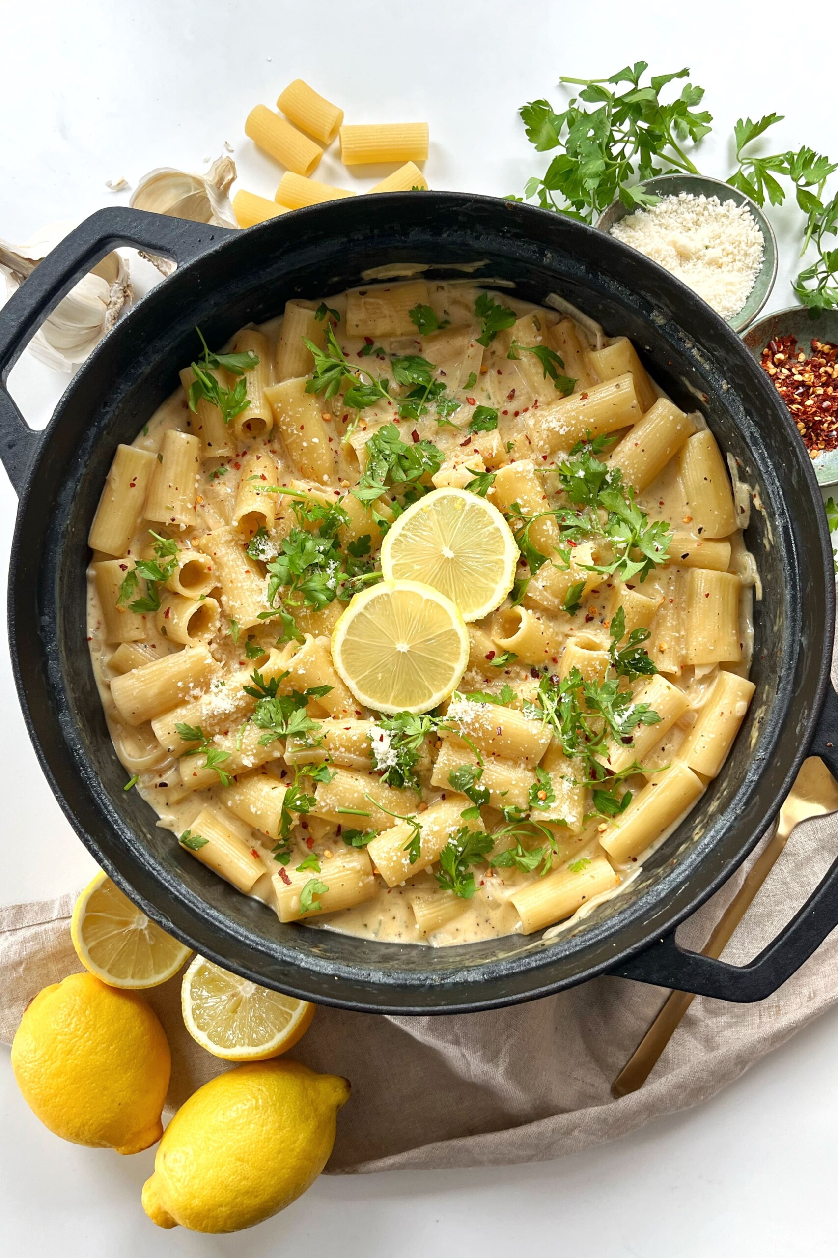 Lemon Boursin pasta in black pan.
