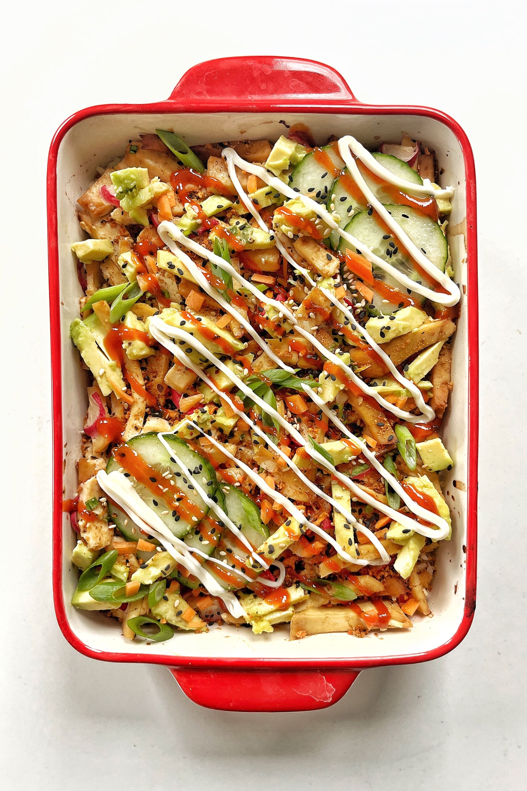 Top down photo of vegan sushi bake. 
