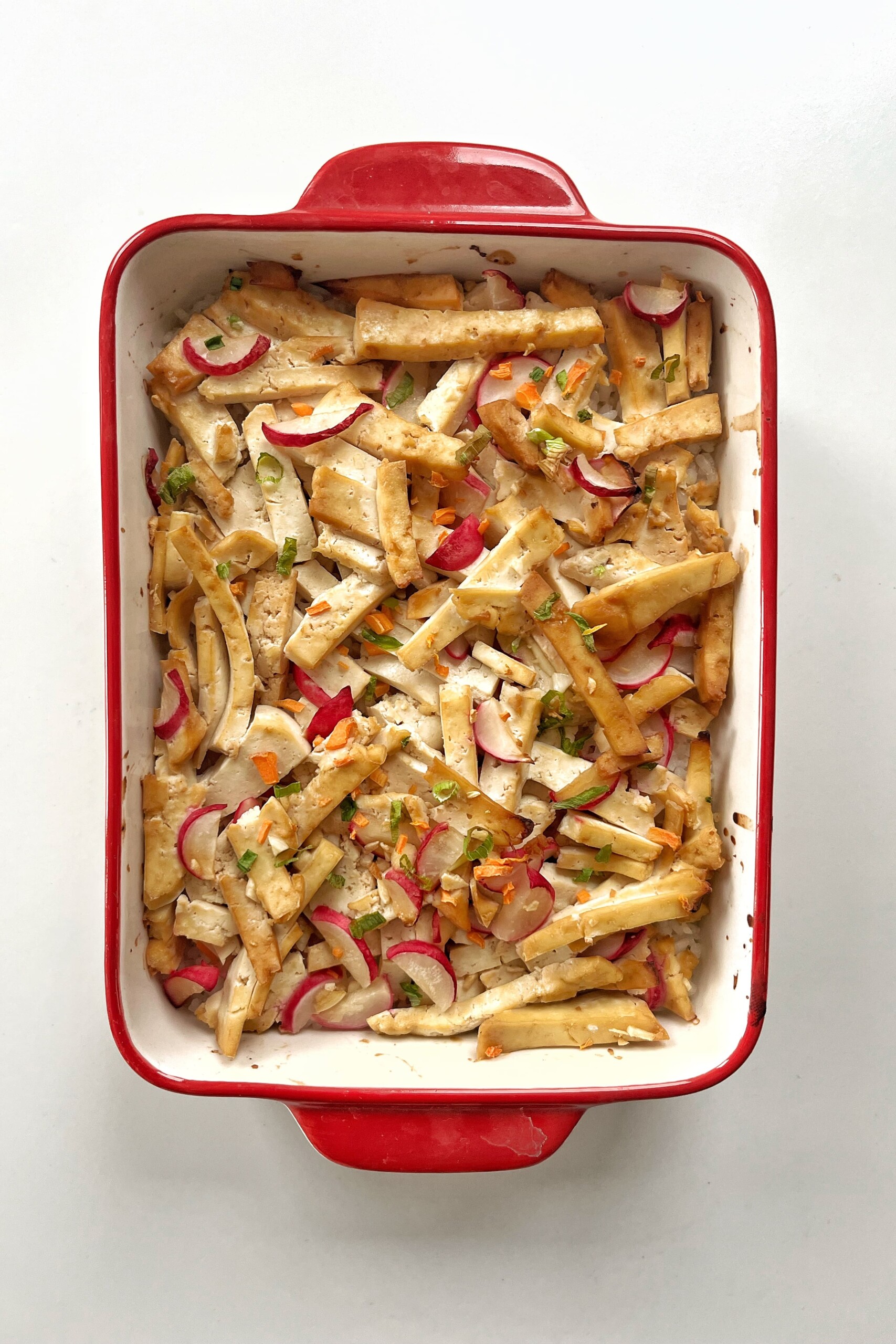 Vegan sushi bake just come out of the oven.