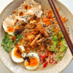 Top down photo of a bowl of turkey ramen.