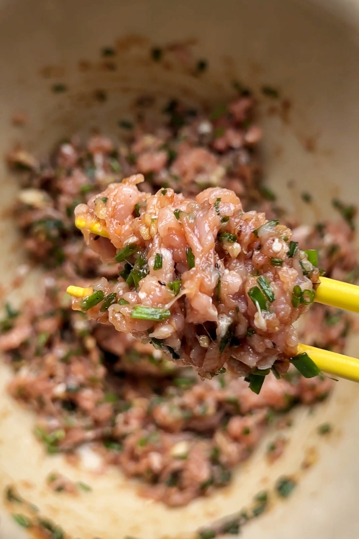 Dumpling filling with chicken, chives, hoisin and garlic.