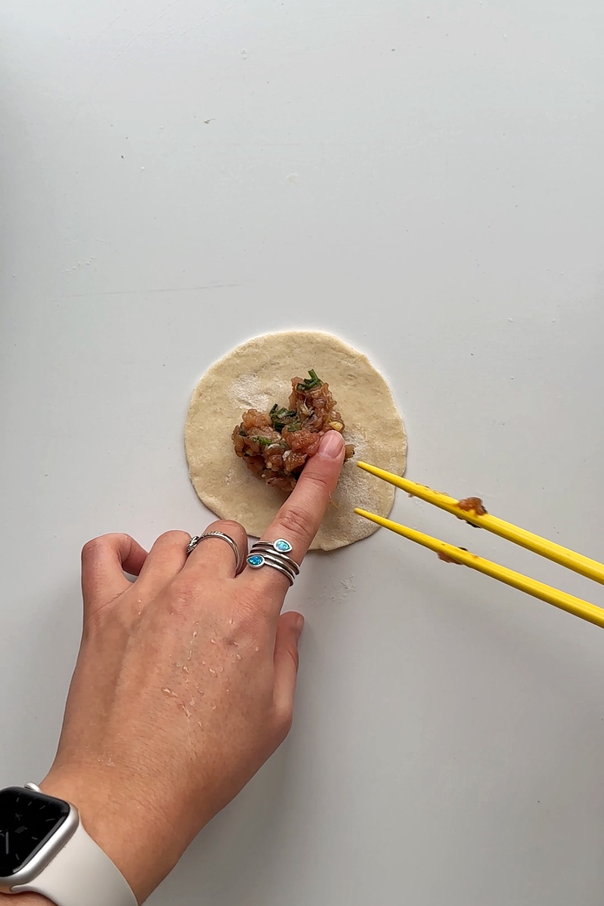 Place a spoonful of filling into the centre of a dumpling wrapper.