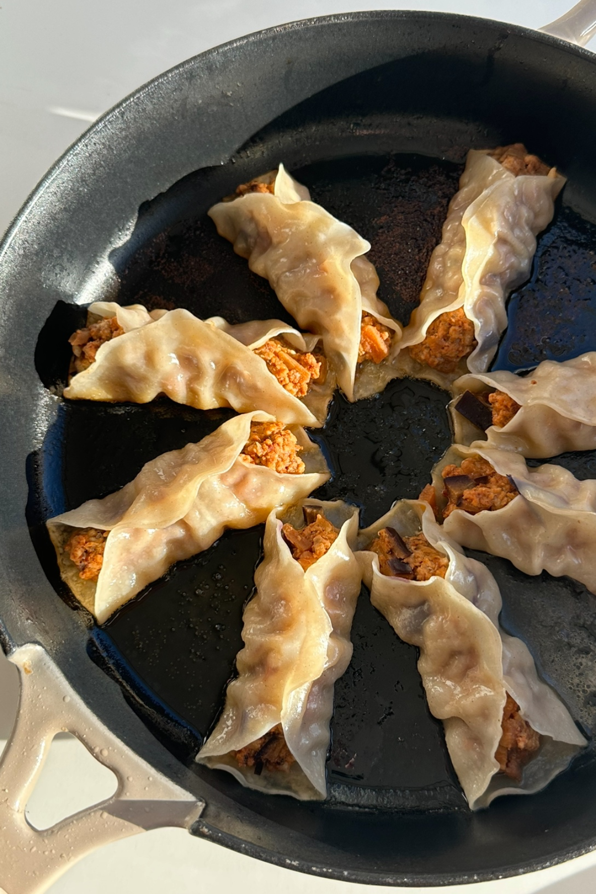 Pan fried dumplings in frying pan.