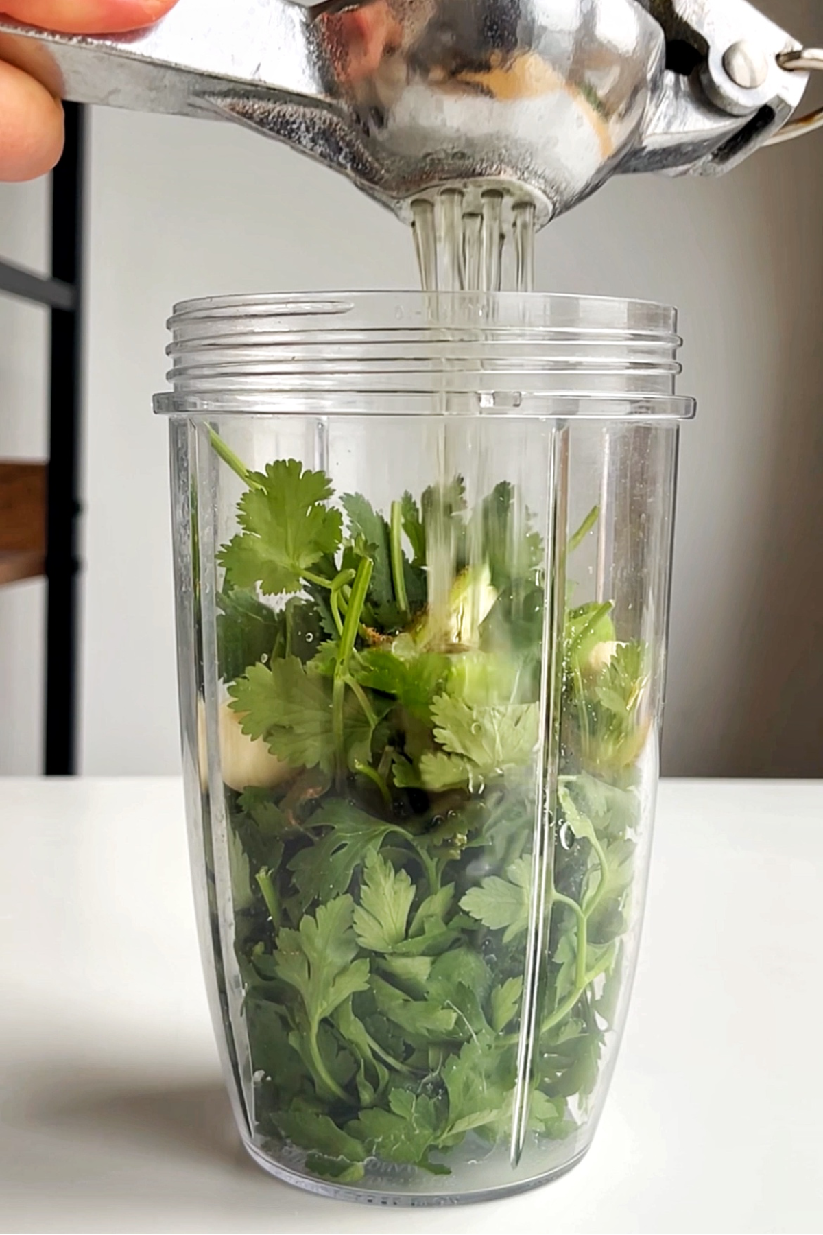 Blender with coriander, parsley, and lemon being squeezed into it.