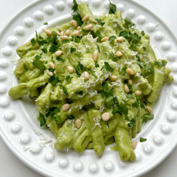 Avocado Pesto on a white plate.