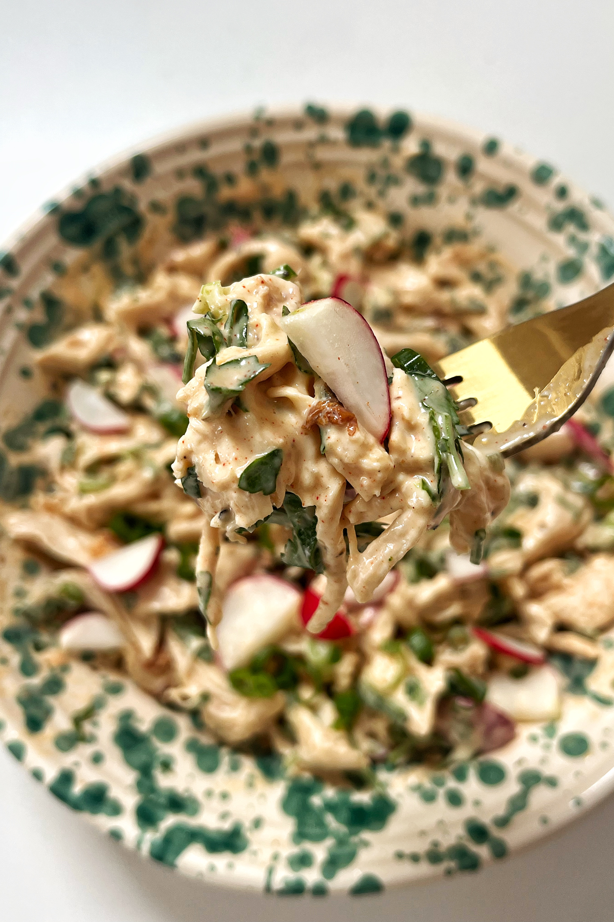 Close up of chicken salad without celery held by a fork.