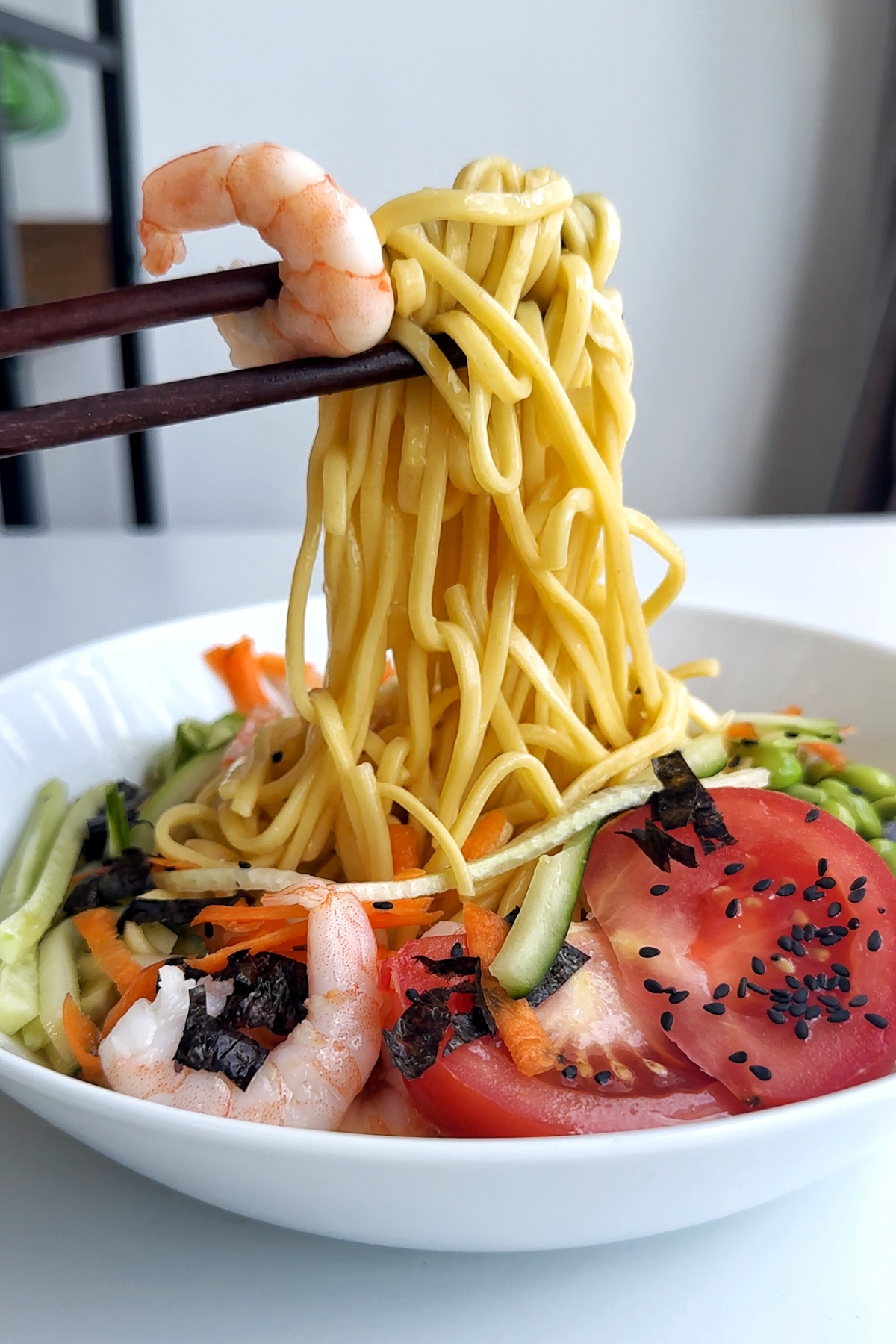 Noodle pull for a cold ramen recipe.