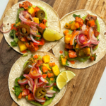 Fish tacos with mango salsa.