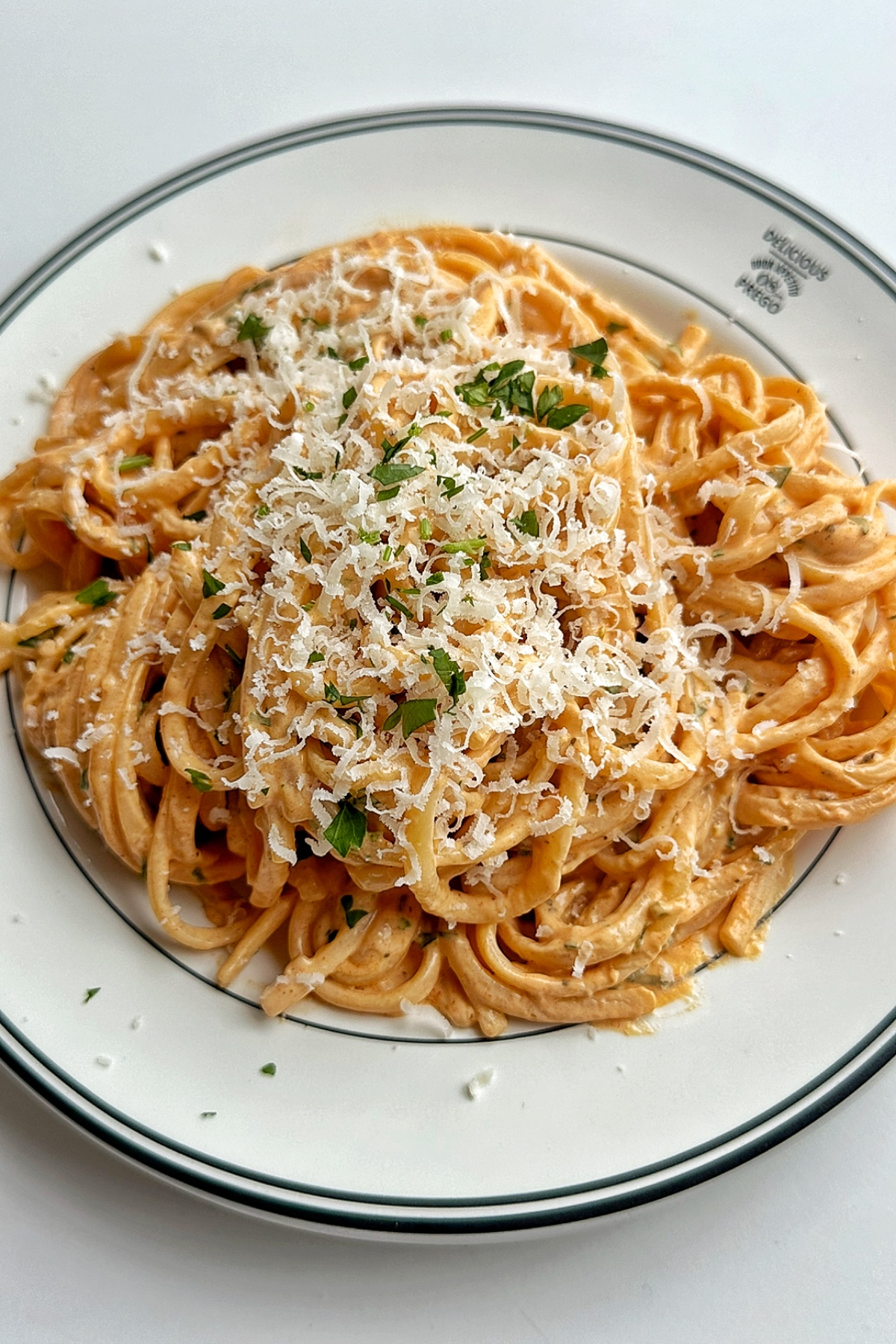 Spicy alfredo sauce with pasta and grated parmesan cheese.