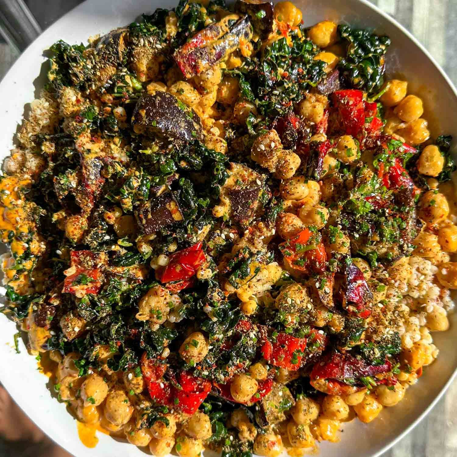 Layered chickpea and roasted vegetable salad.