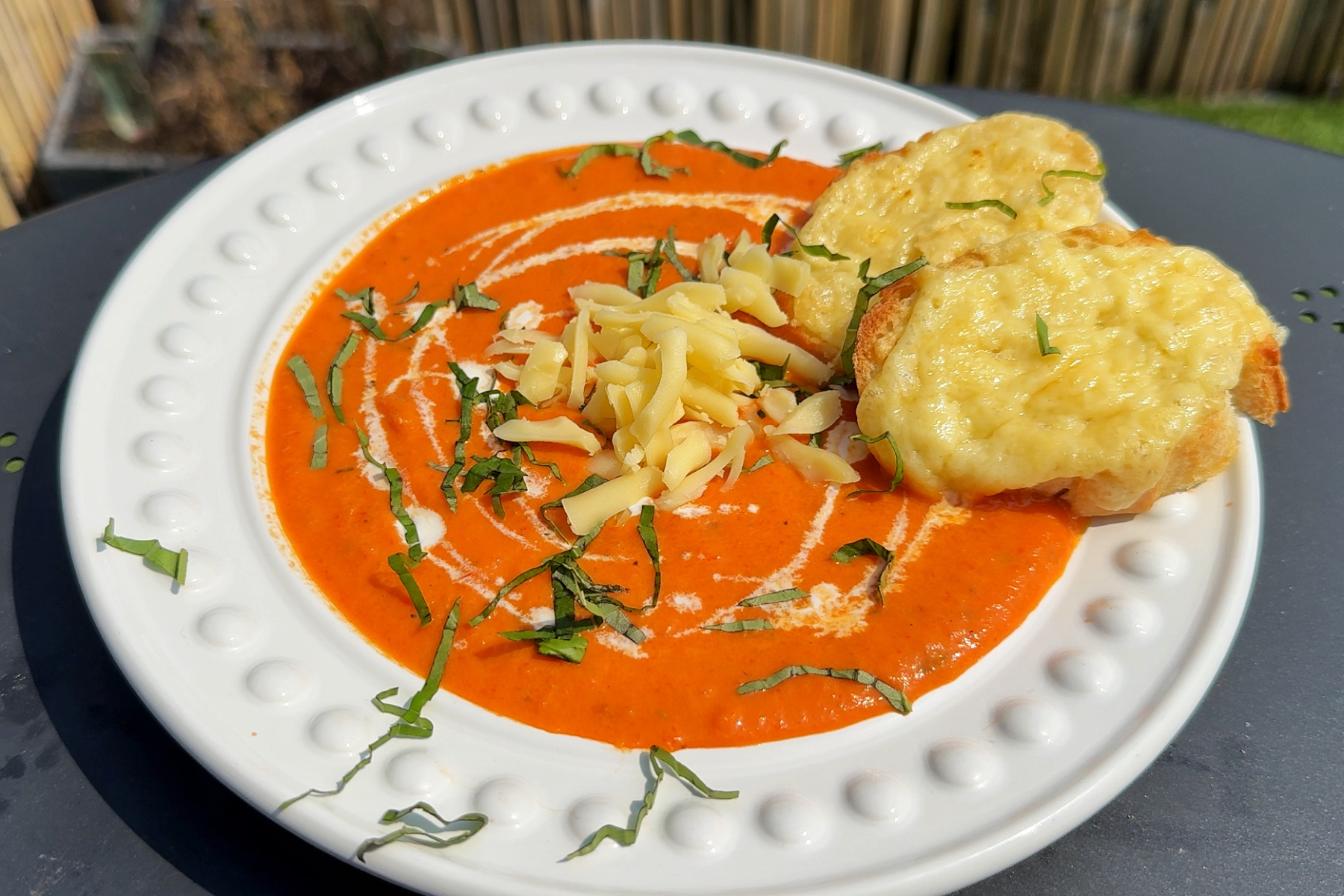 Roasted red pepper soup with gouda and gouda grilled cheese.