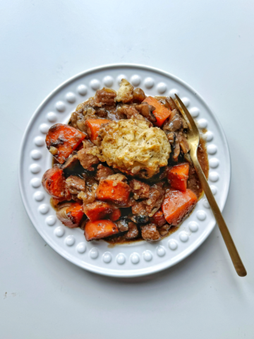Beef stew with dumplings.