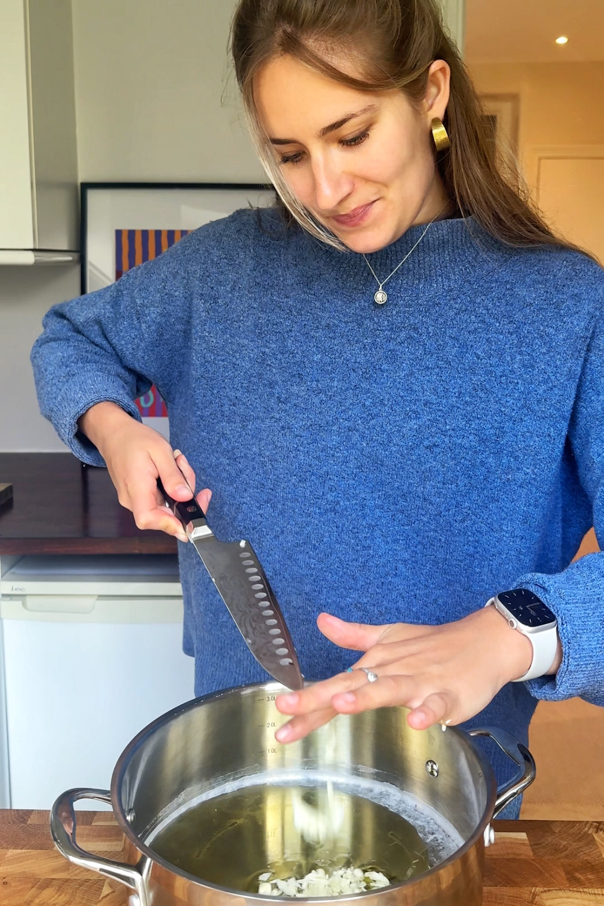 Adding garlic and onion into a pan.