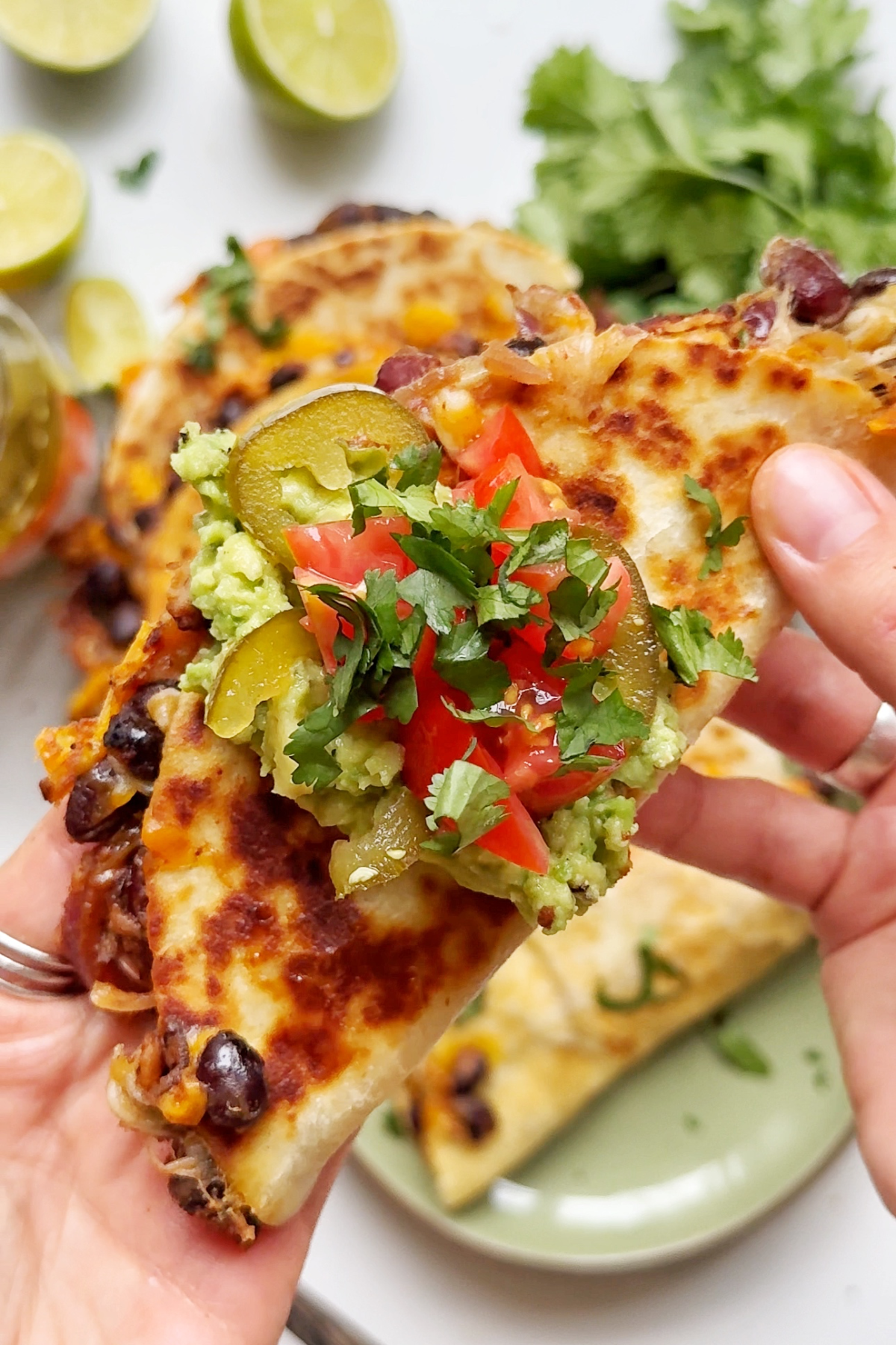 Close up of a bean taco with avocado crush, jalapeños, tomato salsa, and cilantro.