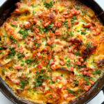 Chicken and broccoli pasta bake in a black casserole dish.