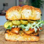 Hot honey chicken sandwich with pickles.