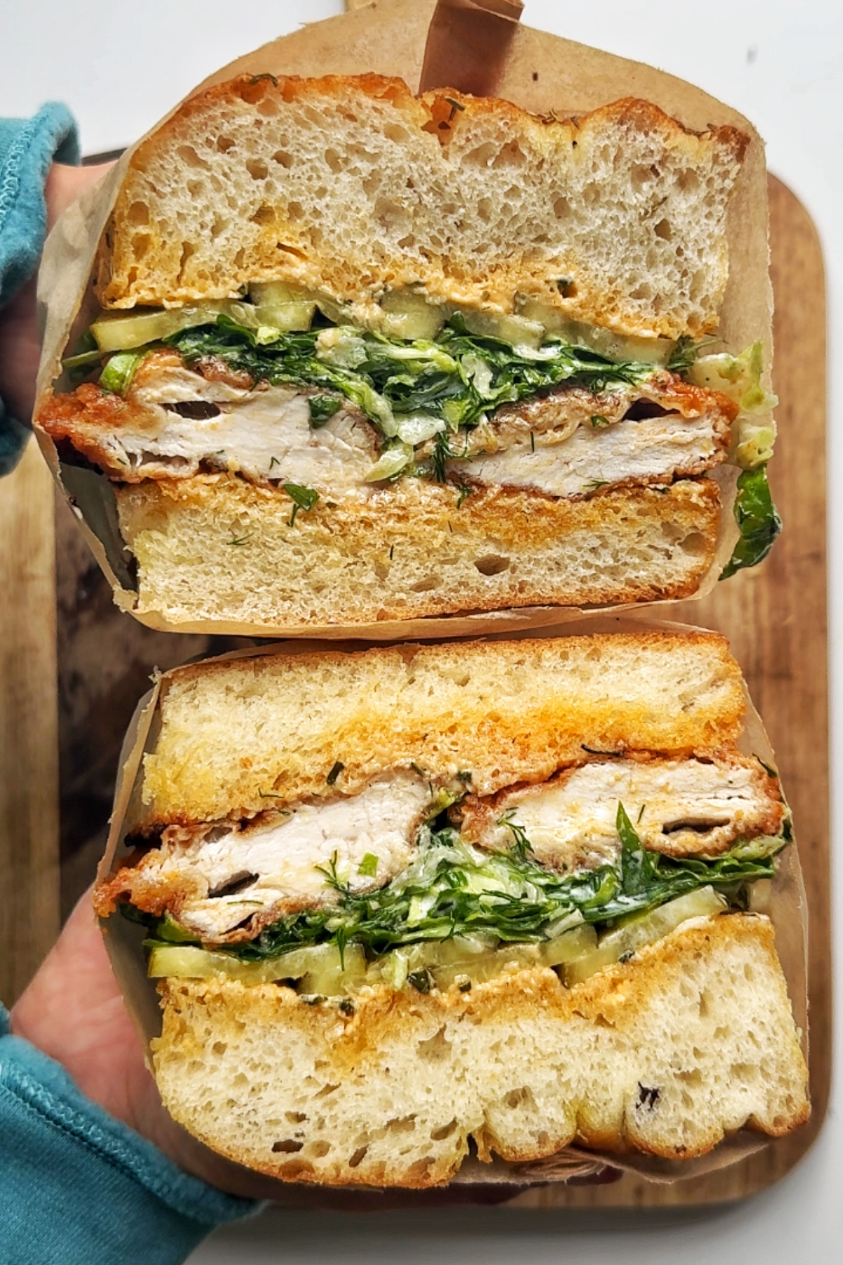 Cross section of hot honey chicken sandwich.