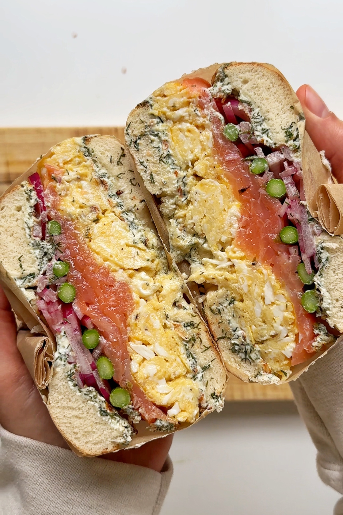 cross section of smoked salmon bagel.