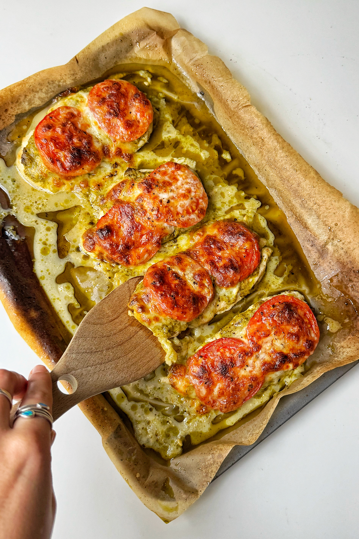 Baked pesto chicken tray bake.