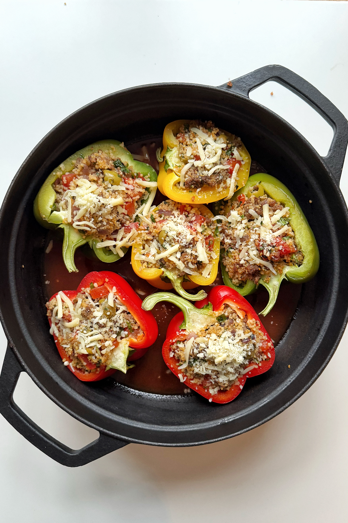 Ground turkey stuffed peppers before going in oven.