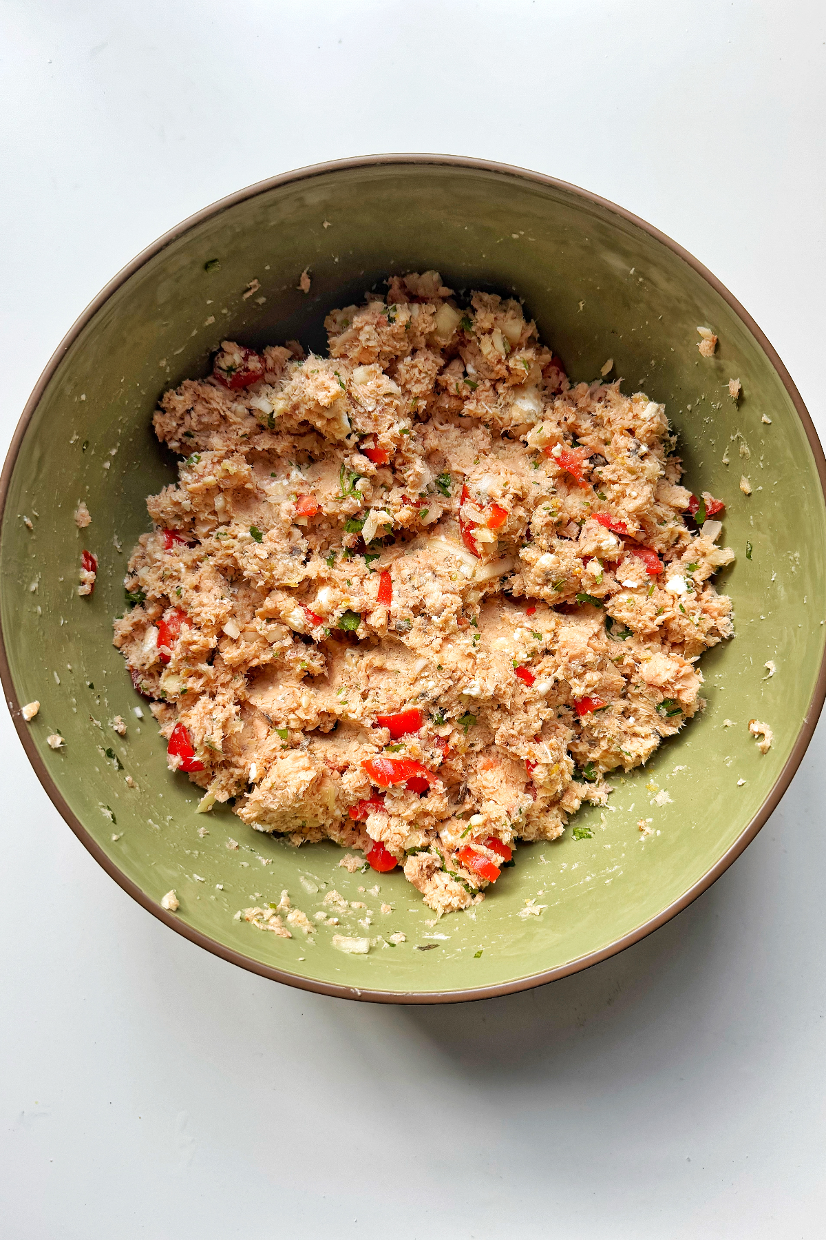 Combined salmon loaf ingredients.