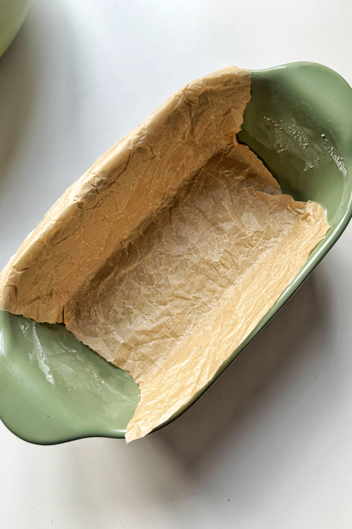 Parchment paper in loaf tin.