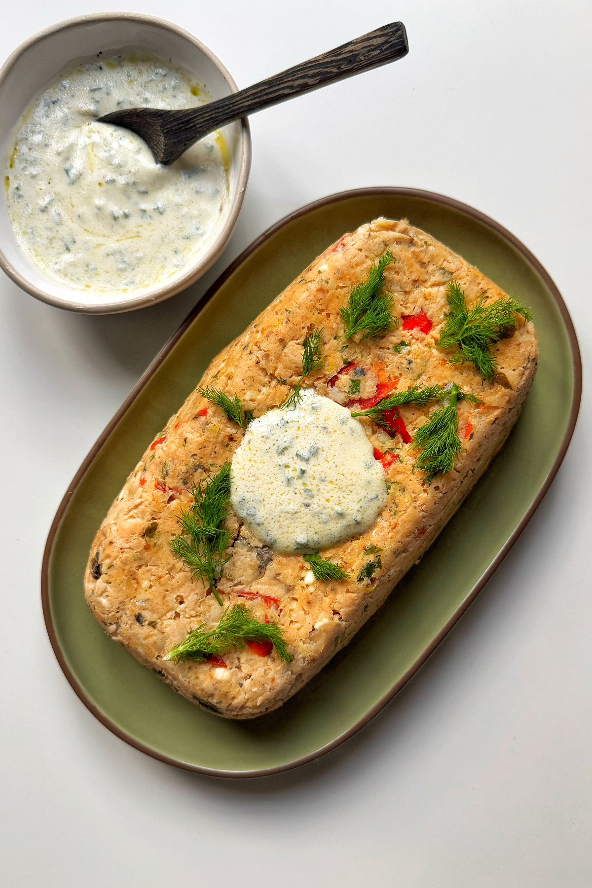 Salmon loaf with chive lemon yogurt sauce.