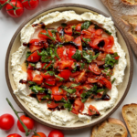 Bruschetta dip with tomatoes and baguette.