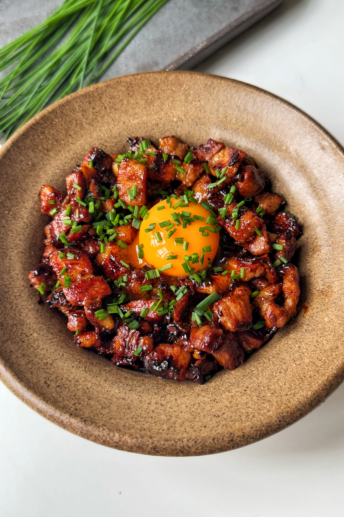 Close up of Butadon, a Japanese pork and rice dish.