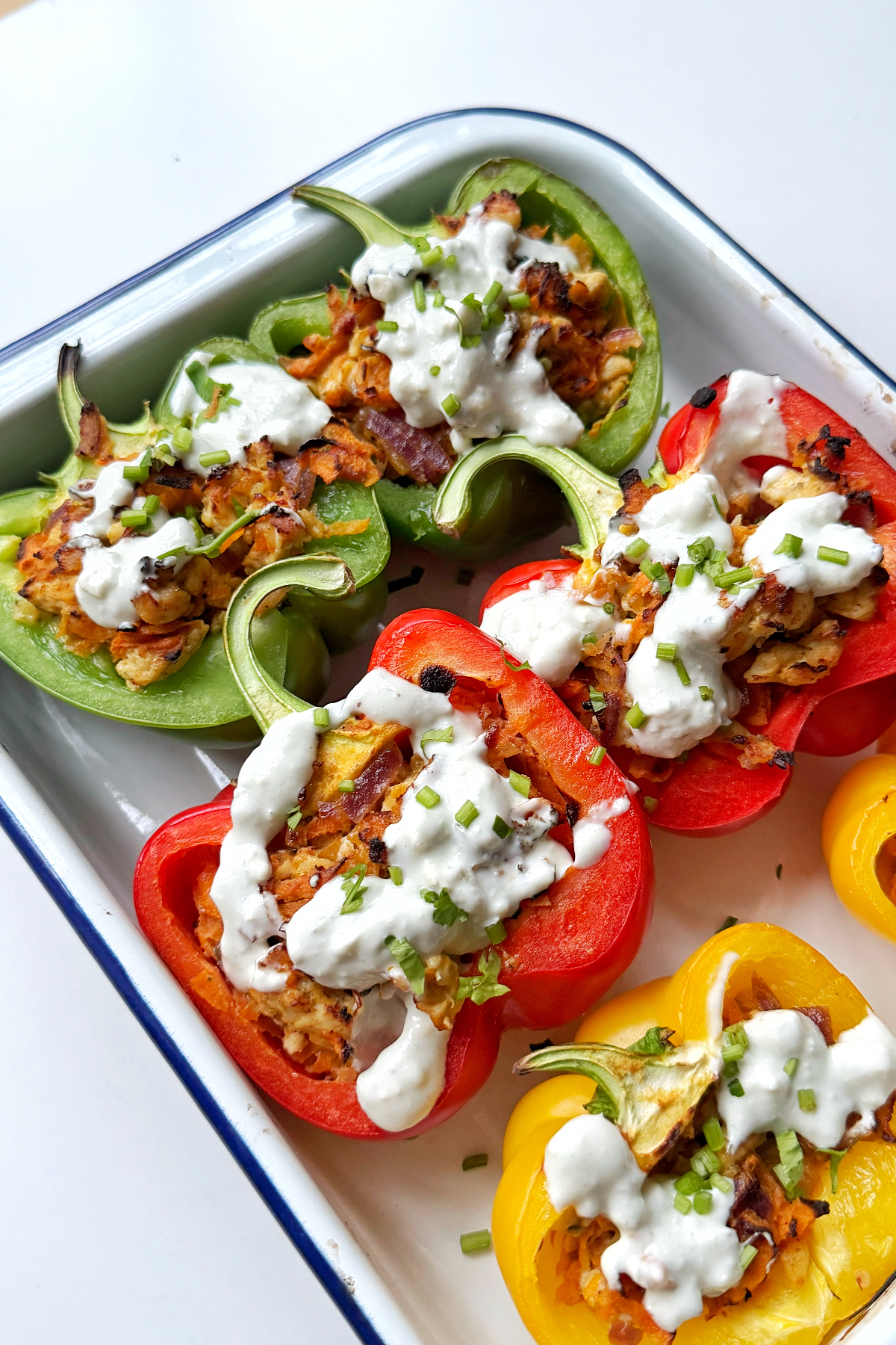 stuffed peppers with buffalo and blue cheese sauce ground chicken.