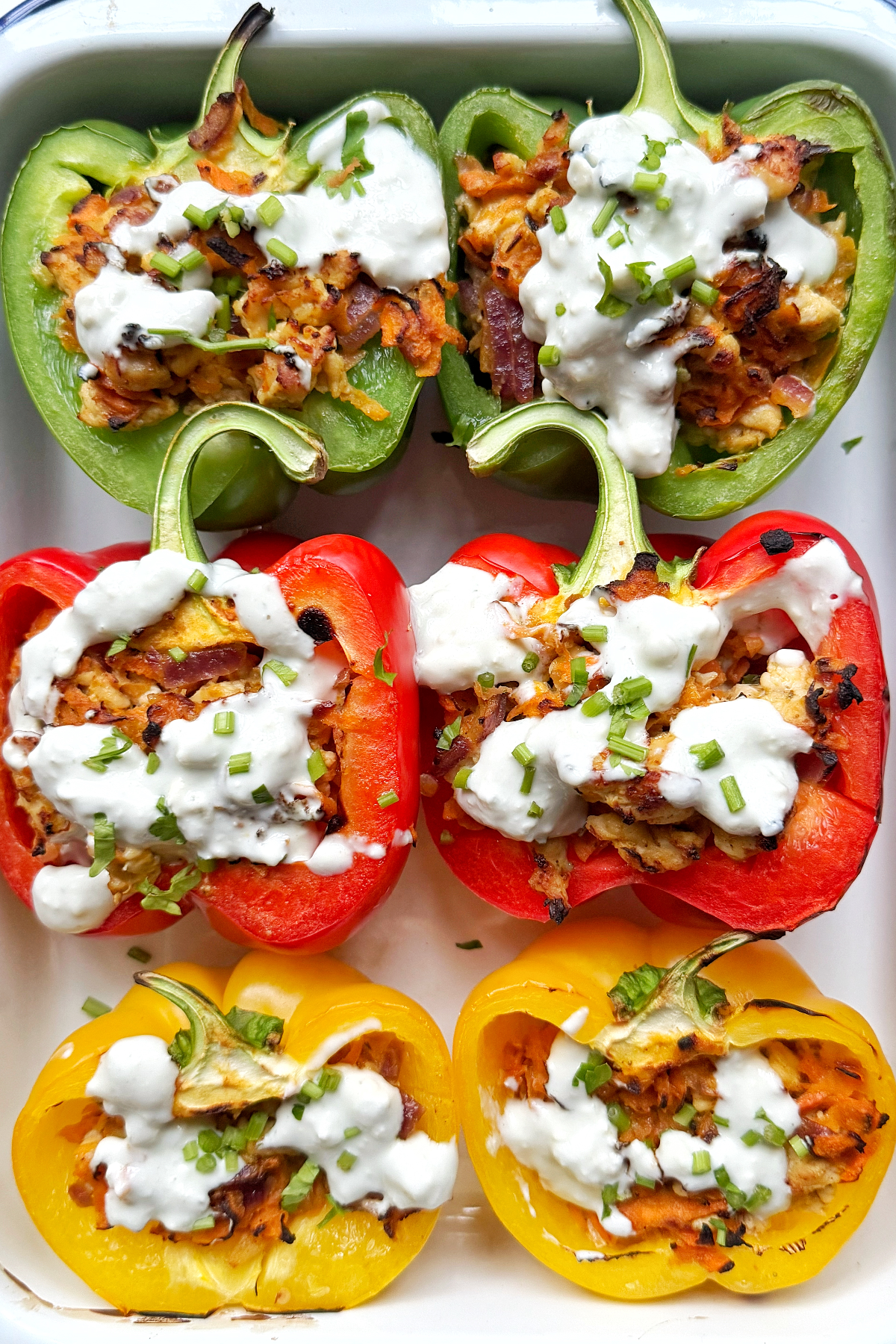 close up of ground chicken stuffed peppers recipe dish.
