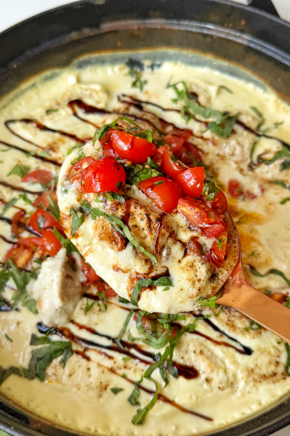 Spoonful of the chicken bruschetta bake.
