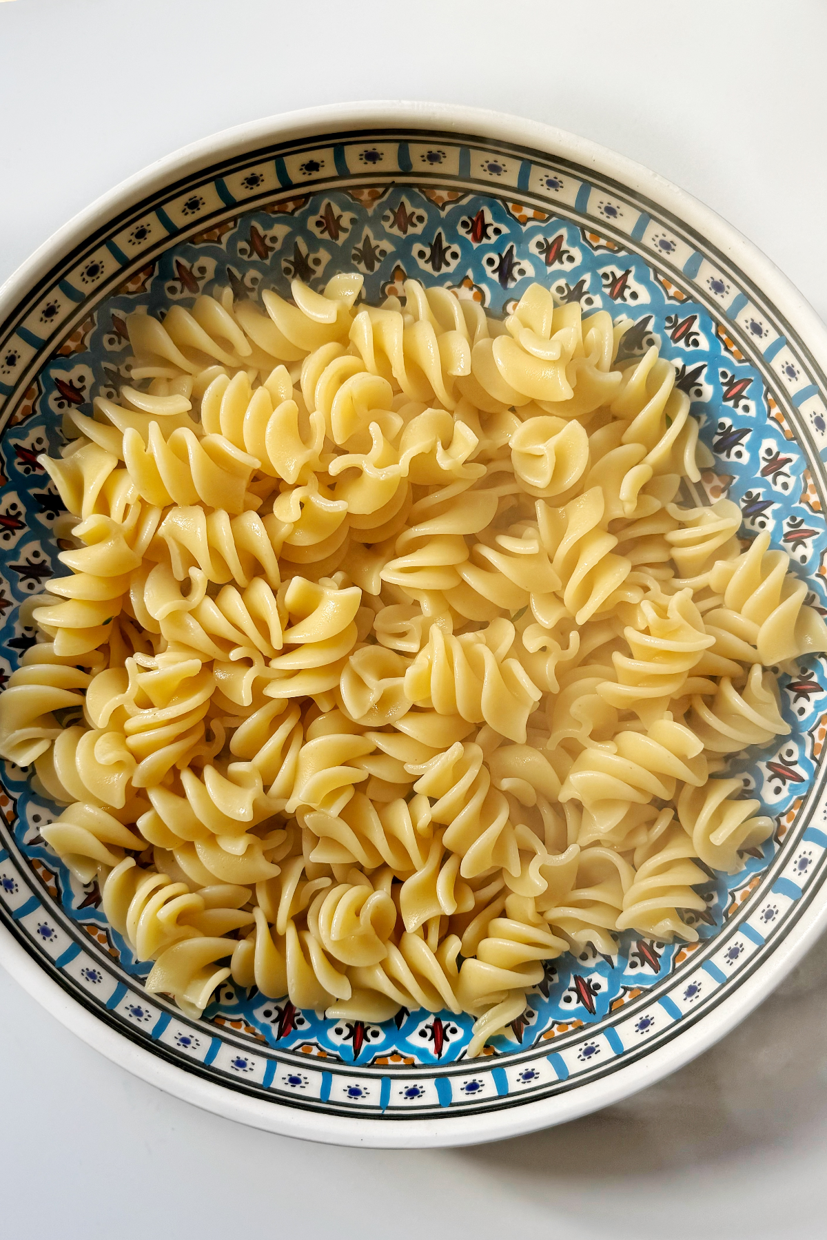 Cooked pasta in a bowl.
