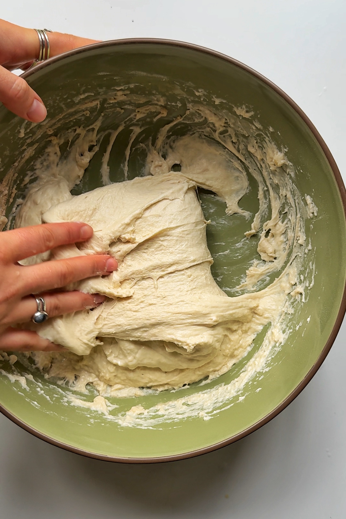 Folding the focaccia dough.
