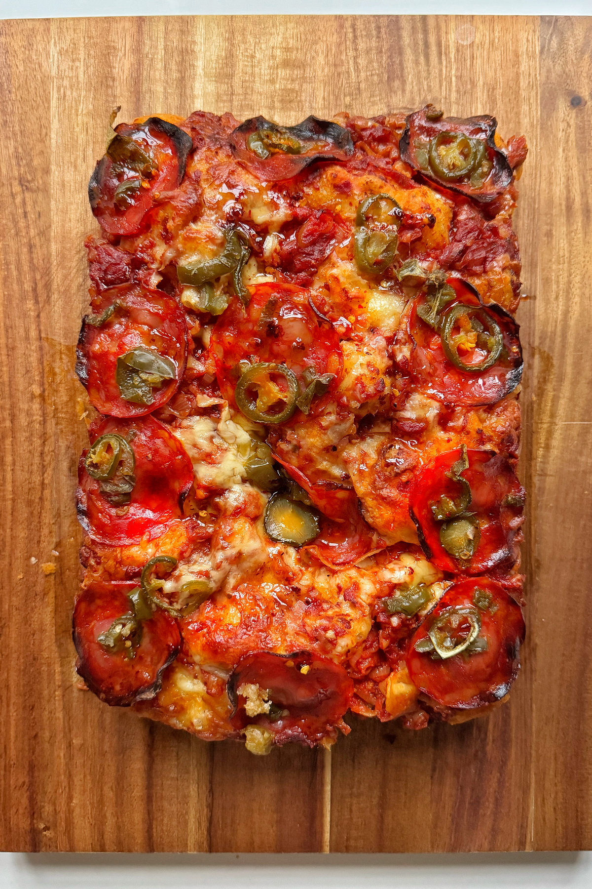 pepperoni and hot honey focaccia pizza.