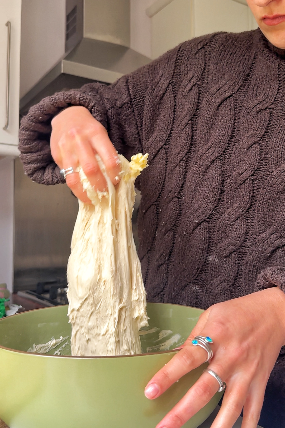 Folding butter into the croissant focaccia dough.