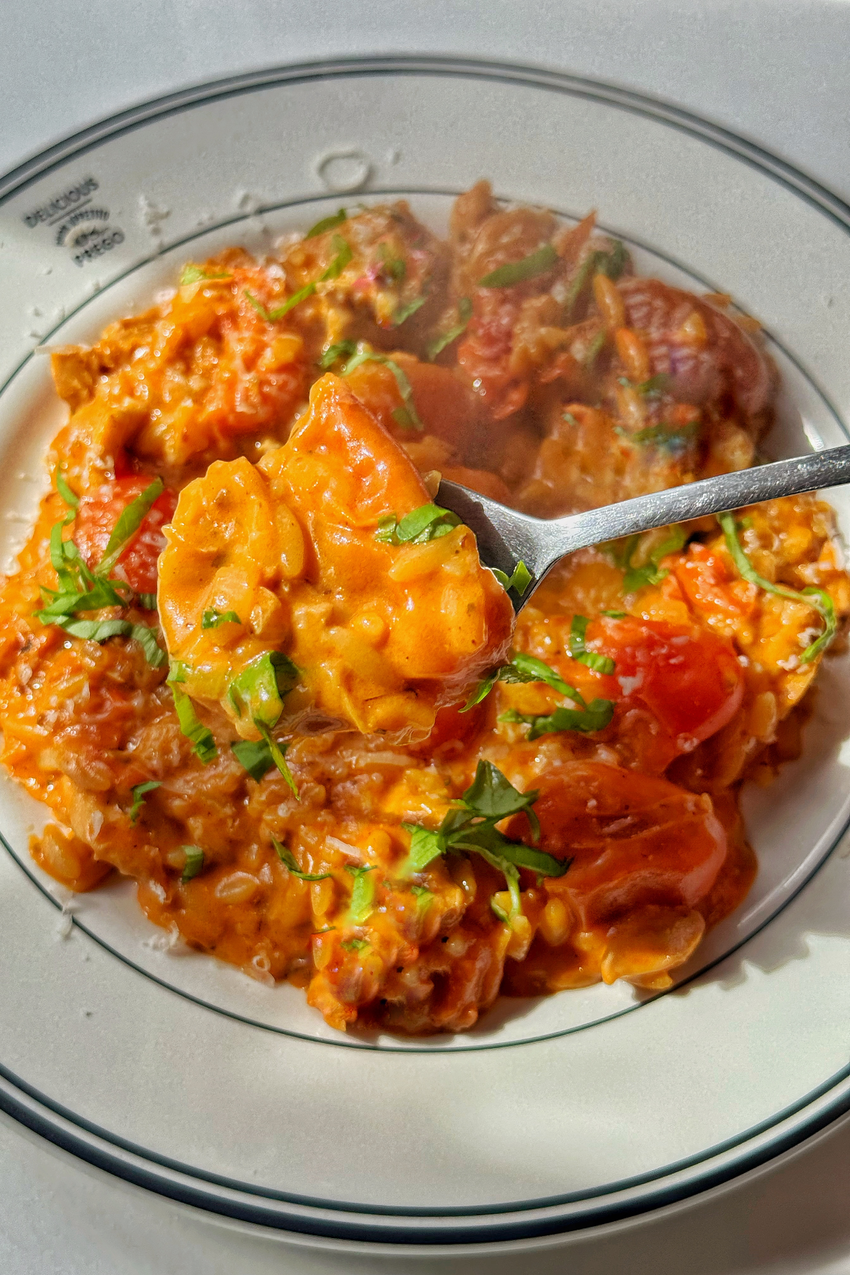 Holding up a spoon of creamy tomato orzo to the camera.