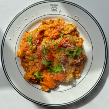 Creamy tomato orzo on a white plate.